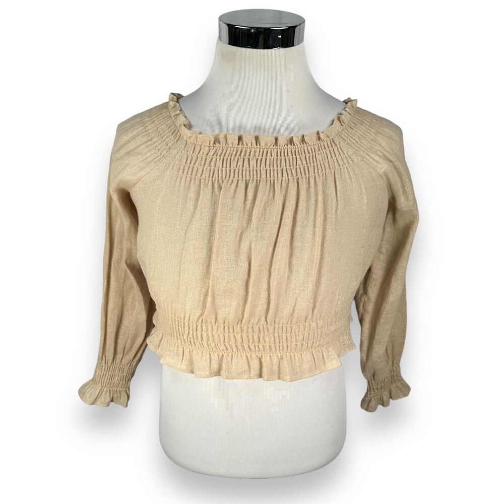 Show Me Your MuMu Erin Smocked‎ Top Women's Small Off Shoulder Beige Linen Blend